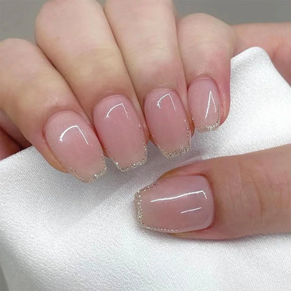 24 pièces court carré presse sur ongles dégradé paillettes faux ongles pointe française lignes acrylique ongles couverture complète portable faux ongles conseils