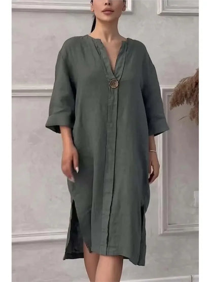Elegant O-neck Long-sleeved Button Dress For Women Summer Cotton And Linen Solid Color Loose Casual Slit Simple Dress Female - DOGOMET DIGITAL PLUS
