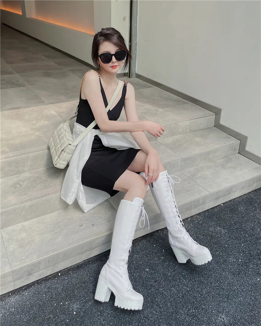 Bottes hautes britanniques pour femmes, blanc et noir, robe de soirée et de bureau, bout rond, talons bloc, fermeture éclair, longues bottes à plateforme d'équitation, hiver - DOGOMET DIGITAL PLUS