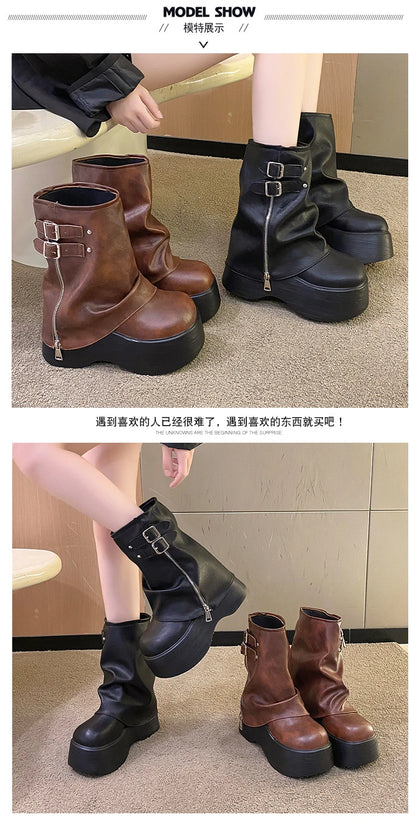 Soft Leather Ankle Mid Calf Boots Winter Autumn High Platform Wedge British Booties Woman New Ladies Chunky Motorcycle Boots 9CM