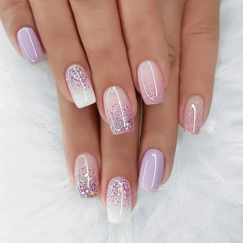 Faux ongles français à paillettes violettes et étoilées, avec strass, doux et Cool, à pression, couverture complète, pointes de manucure en acrylique, 24 pièces