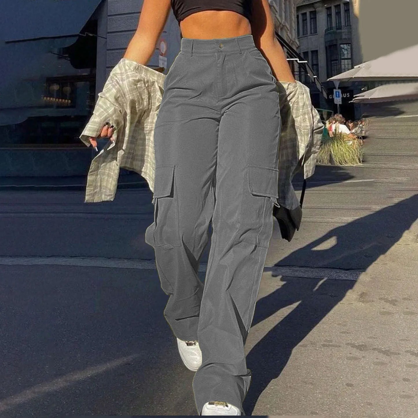 Women's Loose Cargo Pants High Waist Wide Leg Solid Color Full Length Trousers With Pockets Casual All Seasons Long Pantalones