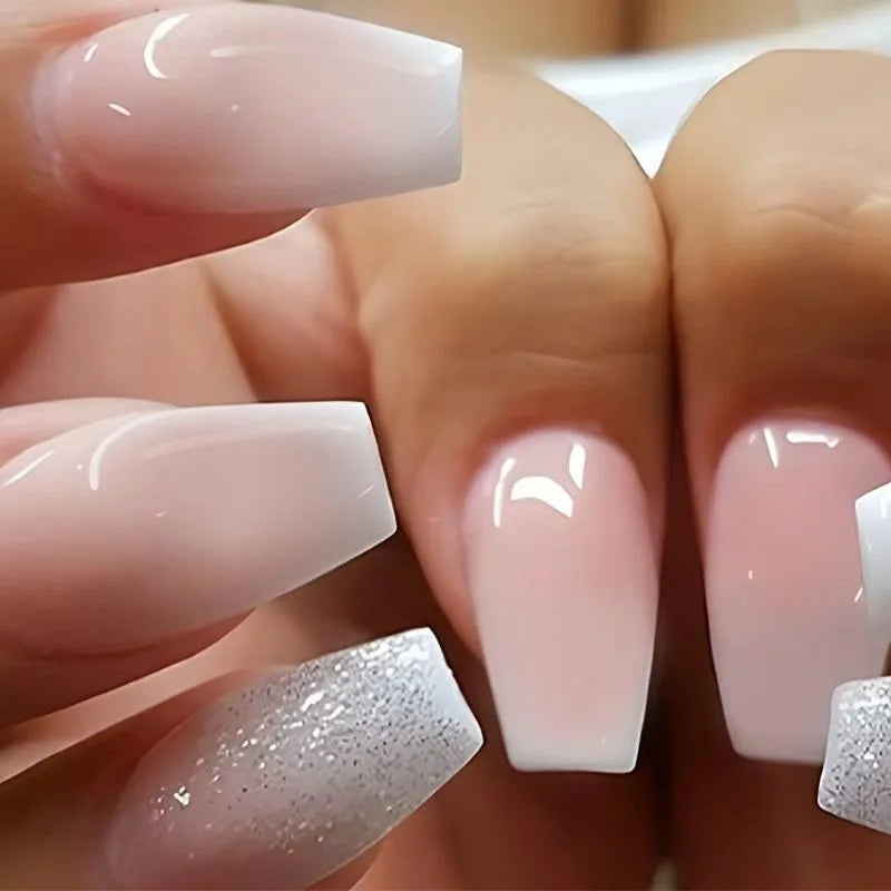 24 pièces court carré presse sur ongles dégradé paillettes faux ongles pointe française lignes acrylique ongles couverture complète portable faux ongles conseils