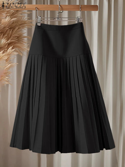 ZANZEA élégant a-ligne Jupes plissées femmes mode taille haute Patchwork Midi Faldas Mujer bureau déplacements solide Jupes Femme