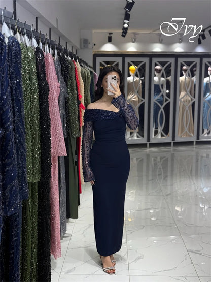 Customized Luxury Off the Shoulder Long Sleeves Evening Dress High Quality Jersey Prom Dresses Temperament Crystal Party Gowns