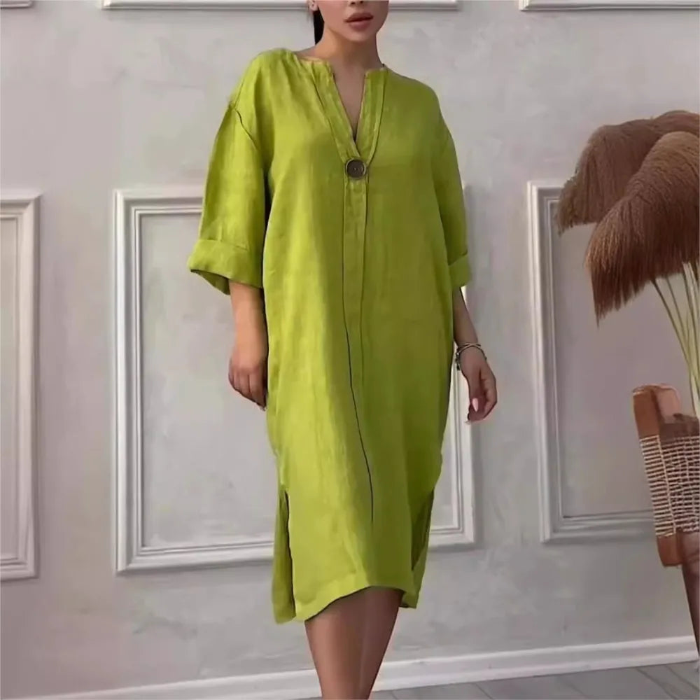 Loose V-neck Two Side Slit Pullover Dress 2024 Women's New Cotton And Linen Solid Color Casual Long-Sleeved Button Maxi Dress - DOGOMET DIGITAL PLUS