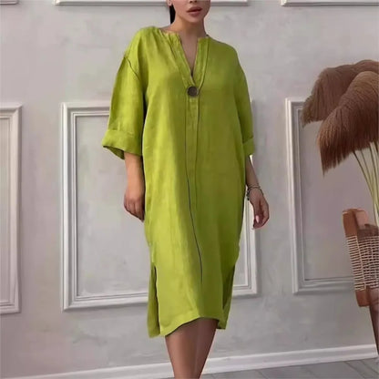 Loose V-neck Two Side Slit Pullover Dress 2024 Women's New Cotton And Linen Solid Color Casual Long-Sleeved Button Maxi Dress - DOGOMET DIGITAL PLUS