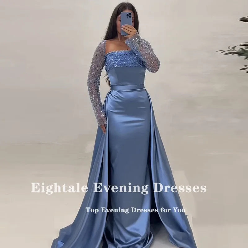 Eightale Black Evening Dresses with Detachable Skirt Sequin Long Sleeves Customized Prom Party Gown Wedding