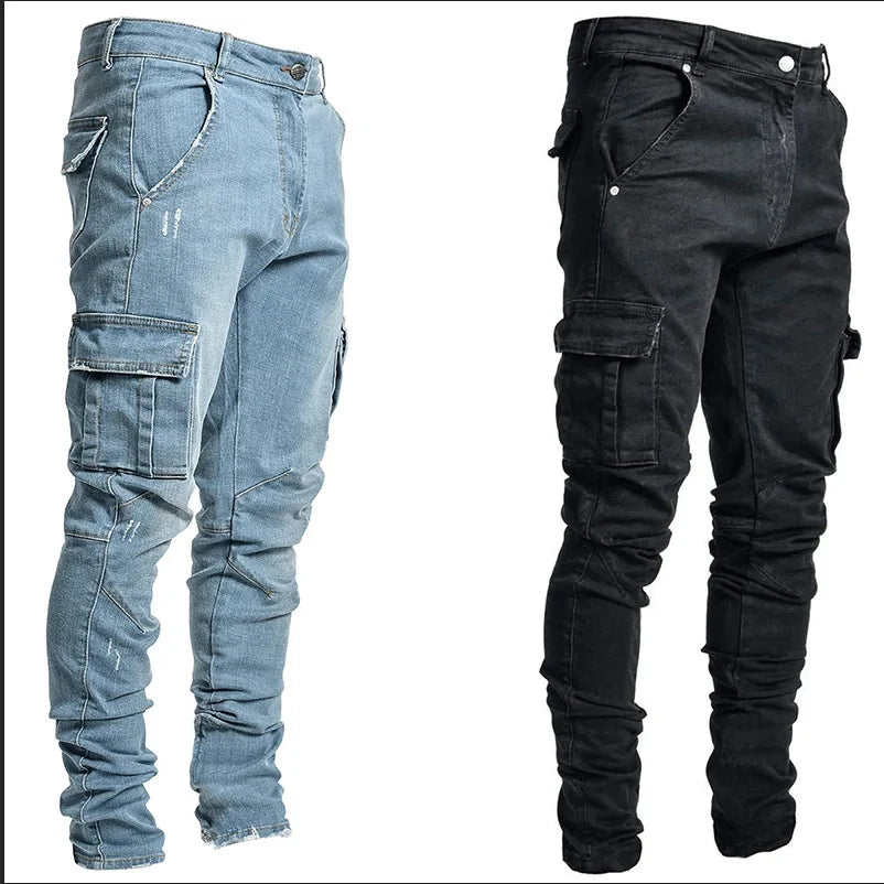 Nouveau jean hommes pantalon lavage couleur unie Multi poches Denim taille moyenne Cargo jean grande taille mode pantalon décontracté mâle usage quotidien