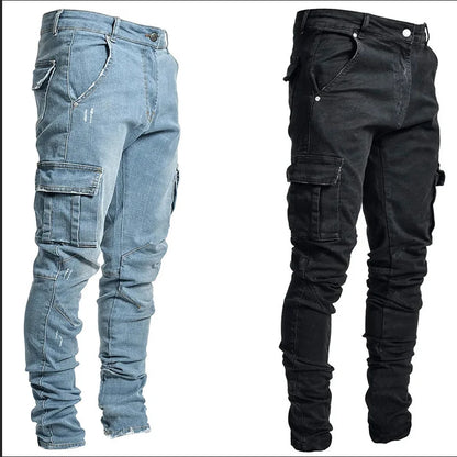Nouveau jean hommes pantalon lavage couleur unie Multi poches Denim taille moyenne Cargo jean grande taille mode pantalon décontracté mâle usage quotidien