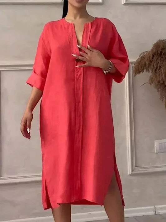 2024 Summer Fashion New Elegant Women's Cotton and Hemp Casual Long Sleeved V-neck Mid Length Commuter Style Solid Color Dress - DOGOMET DIGITAL PLUS