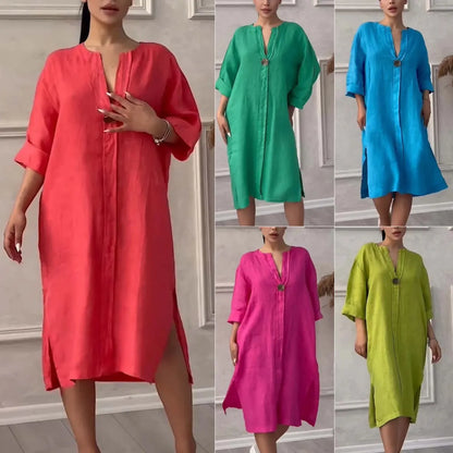 Women's New Cotton and Linen Solid Color Casual Round Neck Button Long Dress - DOGOMET DIGITAL PLUS