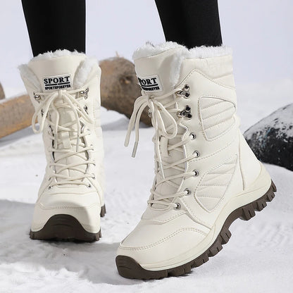 Bottes de neige à la mode pour femmes, design de couleur unie, style bout rond, couche extérieure en fibre ultra-fine, doublure en tissu, semelle en caoutchouc, t