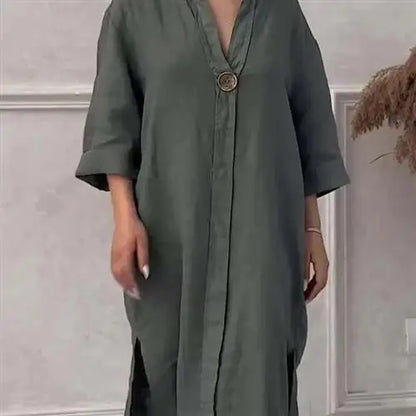 Women's Casual Button-Up Linen irt Long Ne round Color Blo  Pet Clothing Accories - DOGOMET DIGITAL PLUS