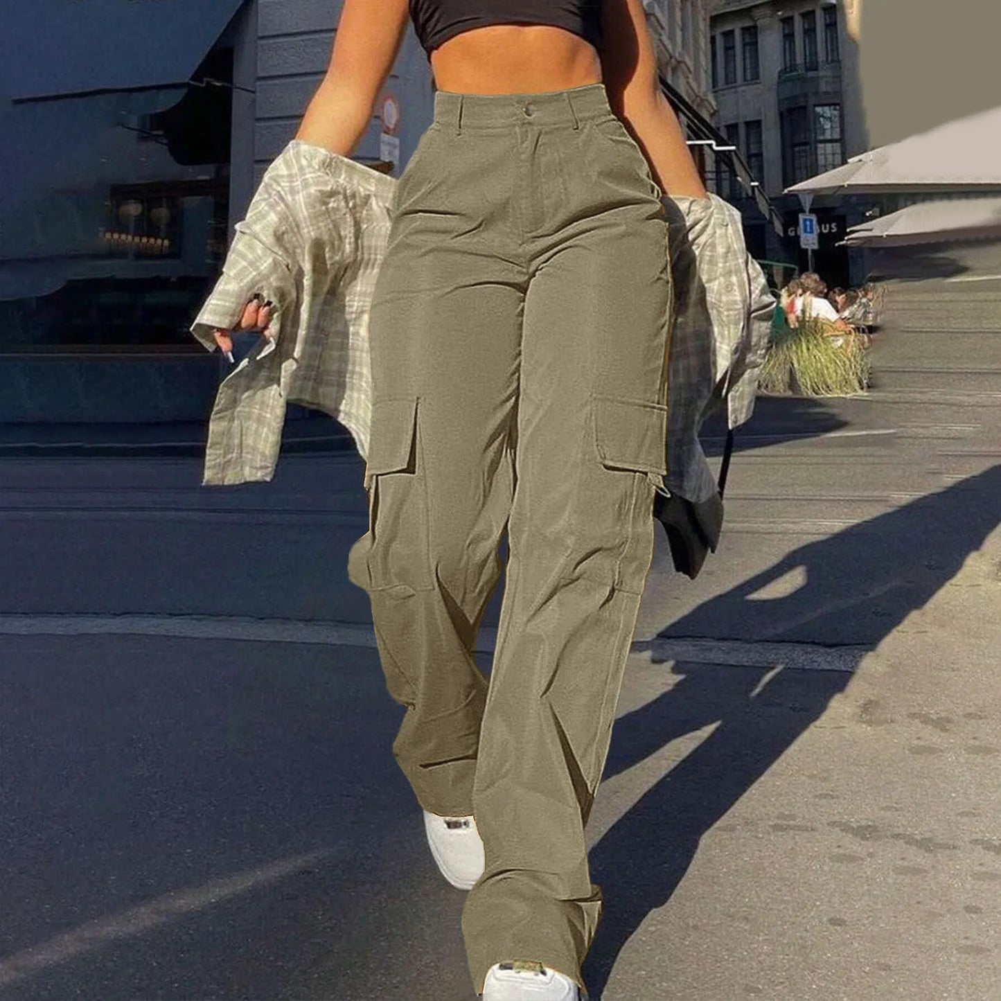 Women's Loose Cargo Pants High Waist Wide Leg Solid Color Full Length Trousers With Pockets Casual All Seasons Long Pantalones