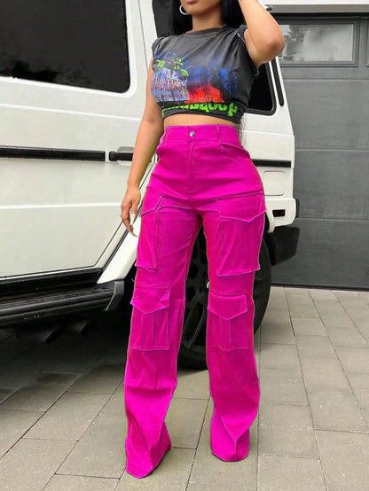 2025 Newest Women's High-waisted Cargo Pants Straight Wide Leg Pants Y2K Streetwear Loose Stretch Pants With Pocket Streetwear
