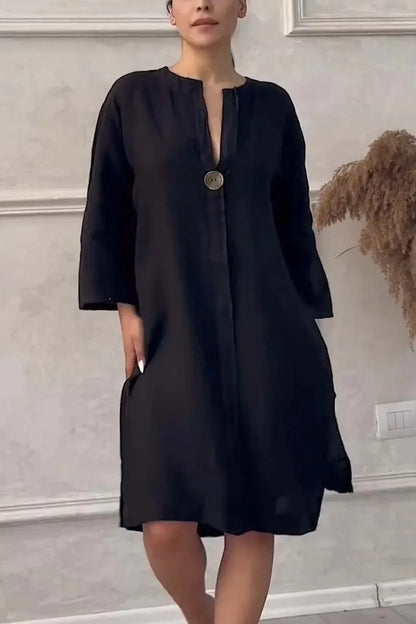Elegant O-neck Long-sleeved Button Dress For Women Summer Cotton And Linen Solid Color Loose Casual Slit Simple Dress Female - DOGOMET DIGITAL PLUS