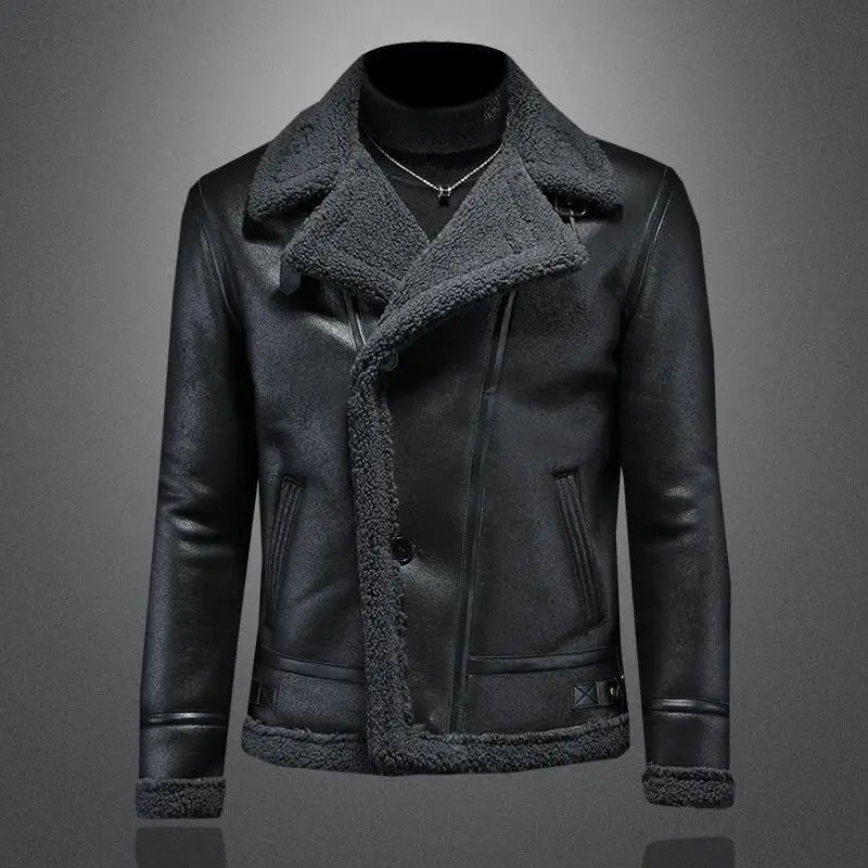 Veste bombardier d'hiver doublée de fausse peau de mouton pour hommes manteau en cuir de moto Vintage épaissi coupe-vent noir M-4XL - DOGOMET DIGITAL PLUS