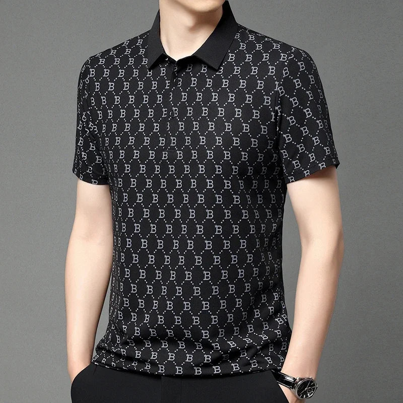 2025 Summer New Men's Business Print Short Sleeved POLO Shirt Comfortable and Cool Casual Fashion T-shirt