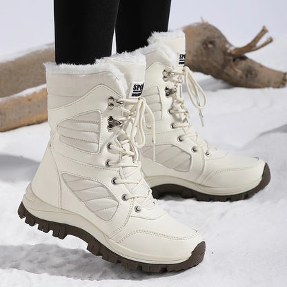 Bottes de neige à la mode pour femmes, design de couleur unie, style bout rond, couche extérieure en fibre ultra-fine, doublure en tissu, semelle en caoutchouc, t