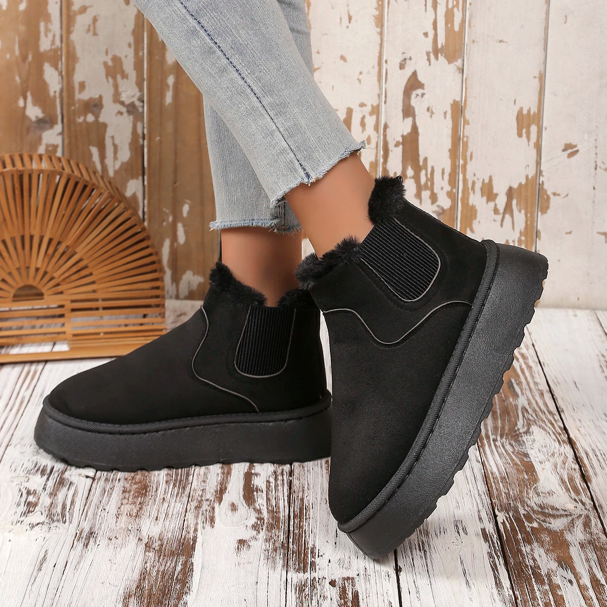 Hiver femmes courtes en peluche chaud bottes de neige chaussures décontractées nouveau daim fourrure Chelsea bottines plates plate-forme dames chaussures Botas - DOGOMET DIGITAL PLUS