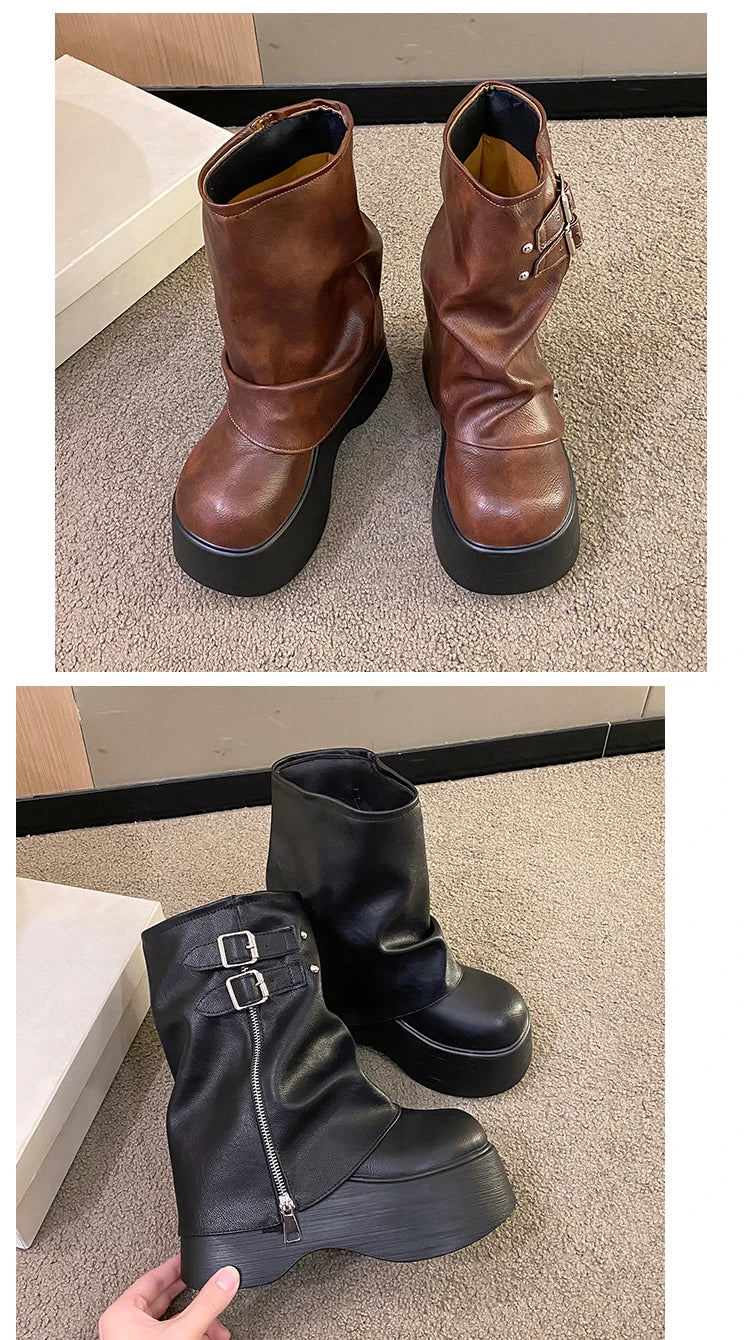 Soft Leather Ankle Mid Calf Boots Winter Autumn High Platform Wedge British Booties Woman New Ladies Chunky Motorcycle Boots 9CM