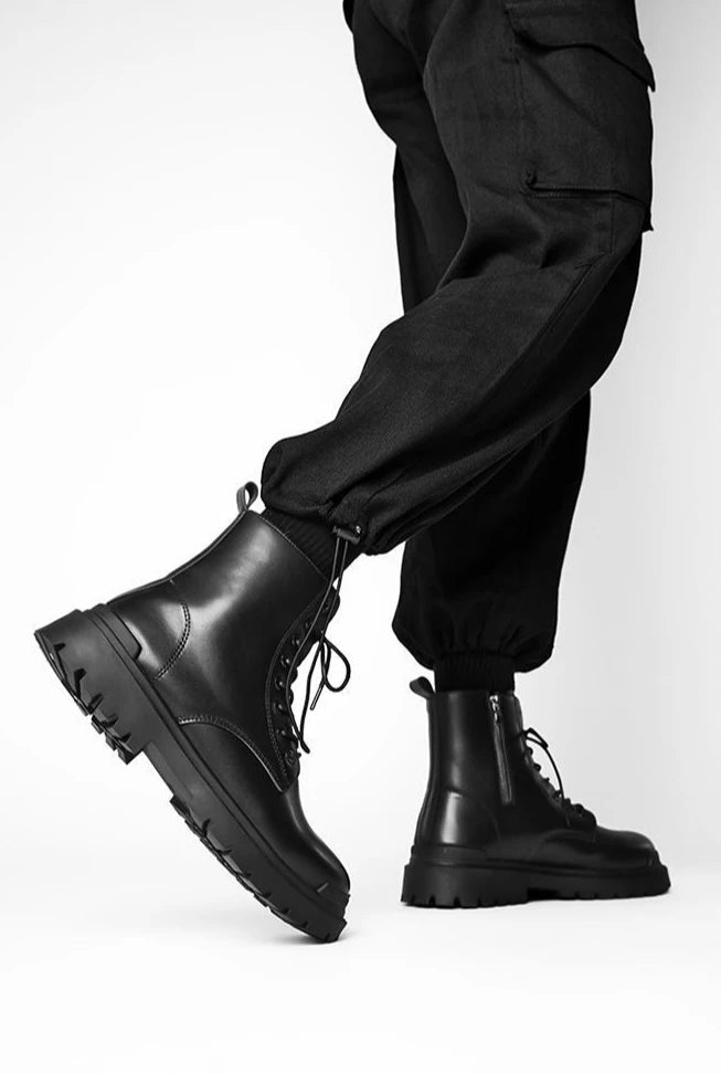 Chaussures à plateforme en cuir PU pour hommes, semelle optique haut de gamme, bottes décontractées noires, chaussures en cuir de vachette, offre rétro, design de lego