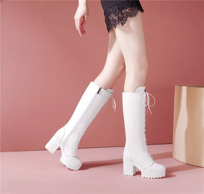 Bottes hautes britanniques pour femmes, blanc et noir, robe de soirée et de bureau, bout rond, talons bloc, fermeture éclair, longues bottes à plateforme d'équitation, hiver - DOGOMET DIGITAL PLUS