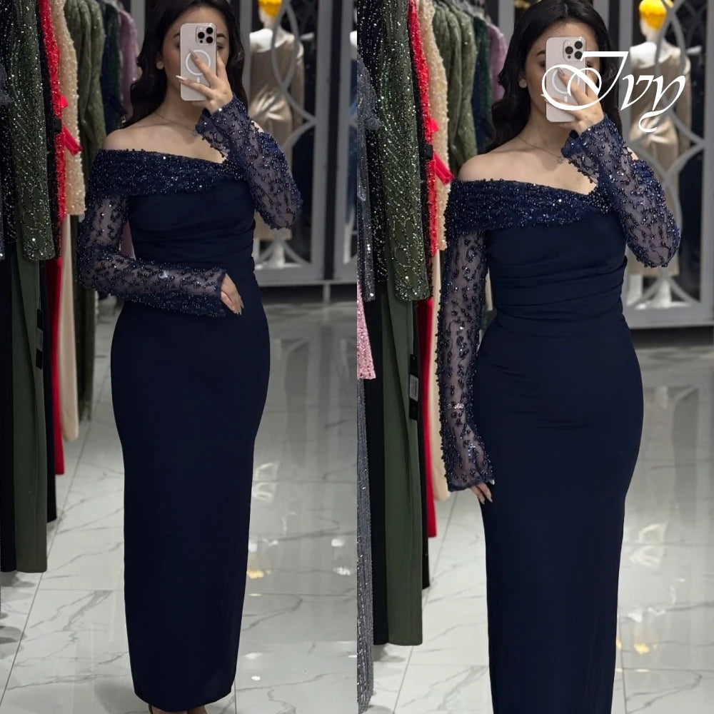 Customized Luxury Off the Shoulder Long Sleeves Evening Dress High Quality Jersey Prom Dresses Temperament Crystal Party Gowns