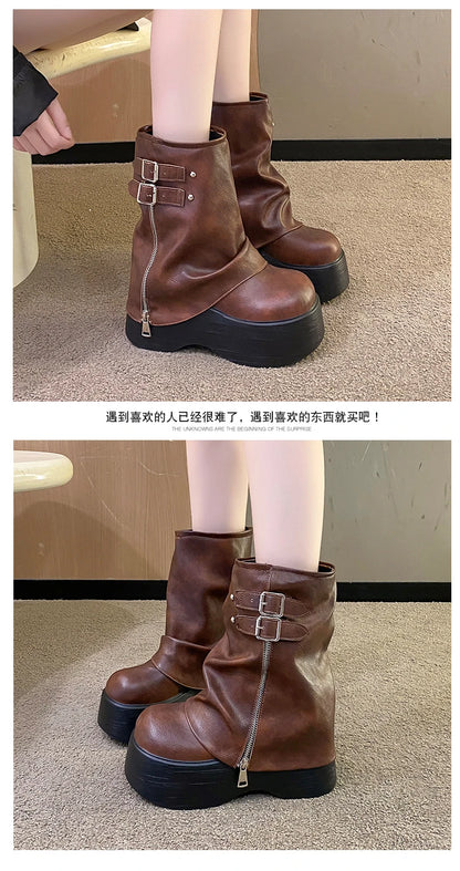 Soft Leather Ankle Mid Calf Boots Winter Autumn High Platform Wedge British Booties Woman New Ladies Chunky Motorcycle Boots 9CM