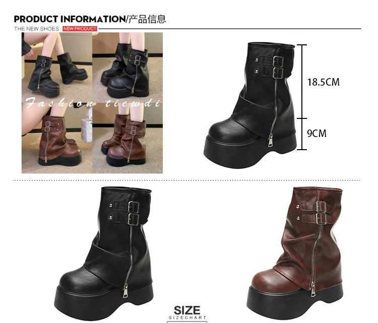 Soft Leather Ankle Mid Calf Boots Winter Autumn High Platform Wedge British Booties Woman New Ladies Chunky Motorcycle Boots 9CM