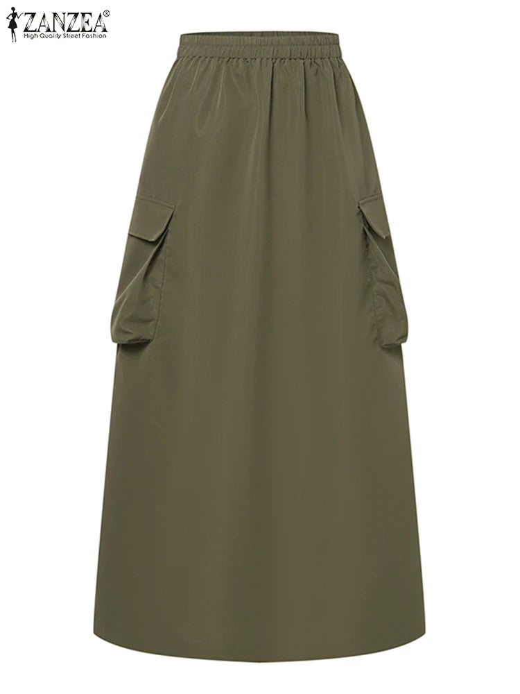 ZANZEA-Jupe Cargo adt pour Femme, Vintage, Élégante, Maxi, Bureau, Grandes Poches, Taille artificiel astique, Streetwear, Automne, 2023