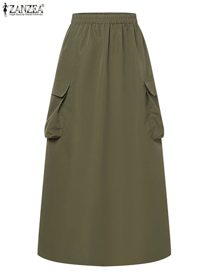 ZANZEA-Jupe Cargo adt pour Femme, Vintage, Élégante, Maxi, Bureau, Grandes Poches, Taille artificiel astique, Streetwear, Automne, 2023