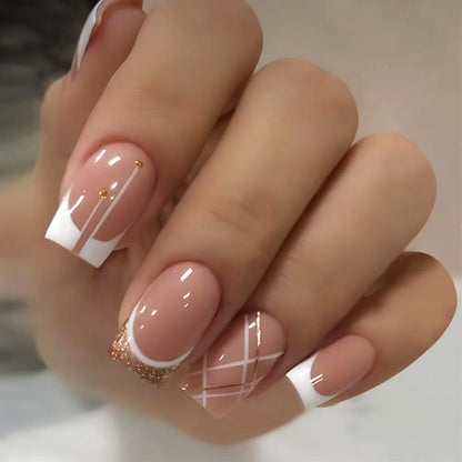 Faux ongles français en acrylique à couverture complète pour filles, faux ongles carrés courts, rose nude, nickel é simple, presse, N64.Art, N64.24 pièces