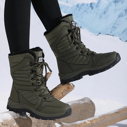 Bottes de neige à la mode pour femmes, design de couleur unie, style bout rond, couche extérieure en fibre ultra-fine, doublure en tissu, semelle en caoutchouc, t