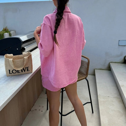 2025 Summer Women's Fashion Casual Loose Short Sleeve Shirt Denim Shorts Set Ensemble Femme 2 Pièces Été