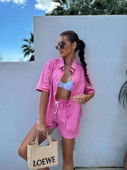 2025 Summer Women's Fashion Casual Loose Short Sleeve Shirt Denim Shorts Set Ensemble Femme 2 Pièces Été