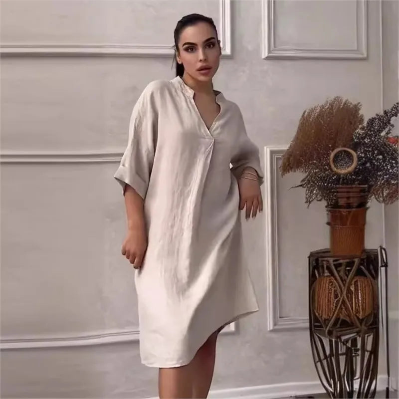 Fashion Cotton And Linen Women's V-neck Loose Dress 2025 Spring And Summer Solid Color Casual Short Sleeved Pocket Midi Dresses - DOGOMET DIGITAL PLUS