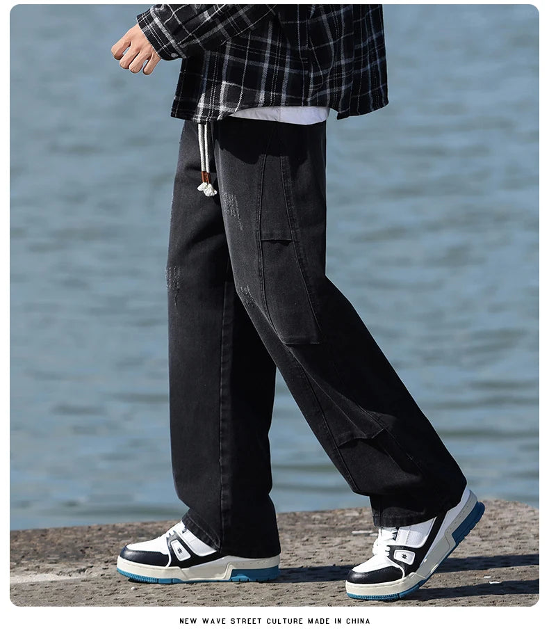 Jean pour hommes, style américain, vintage, délavé, épissage de plis, modèles de printemps et d'automne, pantalons droits amples