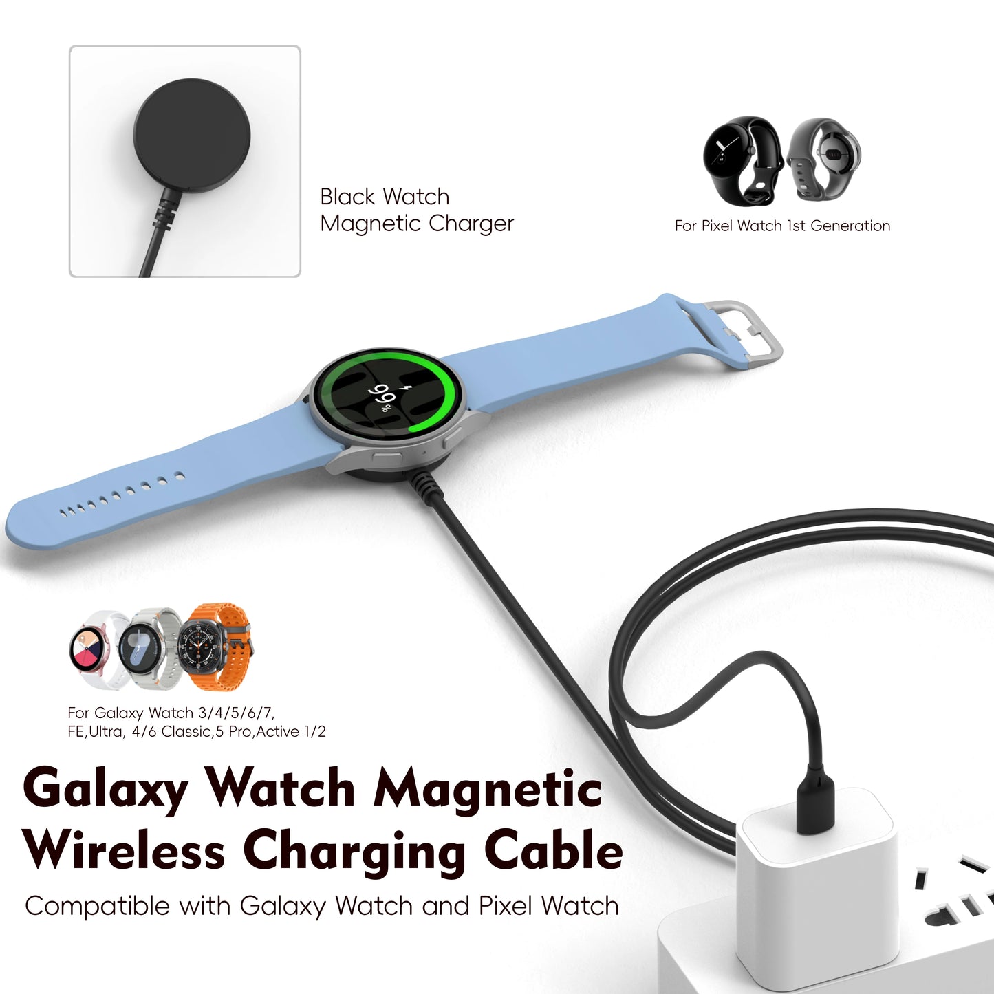 Chargeur sans fil Galaxy Watch pour Galaxy Watch 3/4 5/6/7 Active1-2 Ultra FE câble de montre USB-A USB-C