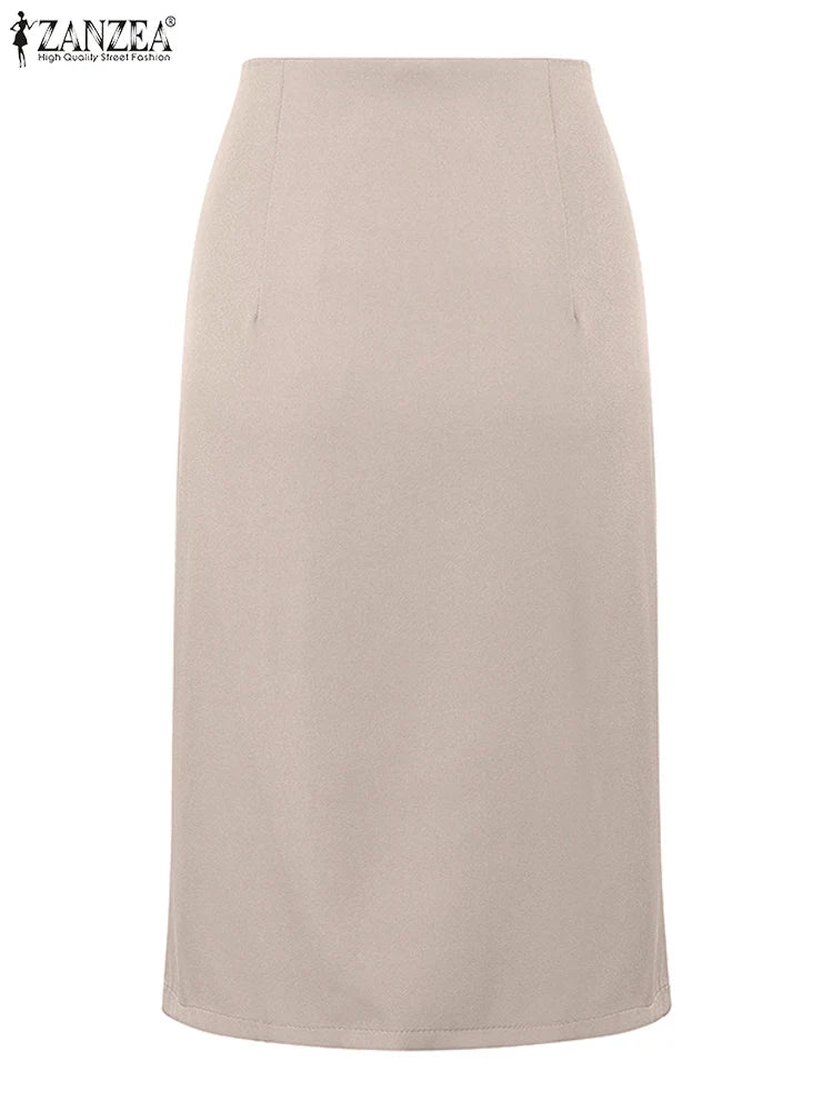 ZANZEA 2025 été taille haute jupe moulante Vintage Faldas femmes mode genou longueur Jupes décontracté ourlet fendu bureau travail Jupes