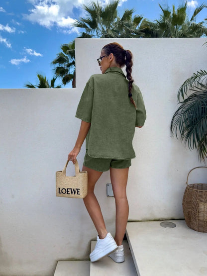 2025 Summer Women's Fashion Casual Loose Short Sleeve Shirt Denim Shorts Set Ensemble Femme 2 Pièces Été