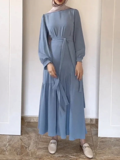 Women Eid Muslim Ensemble Two-Piece Set with Blouse And Skirt Islamic Kaftan Arab Casual Autumn Belted Ramadan Spliced Jalabiy