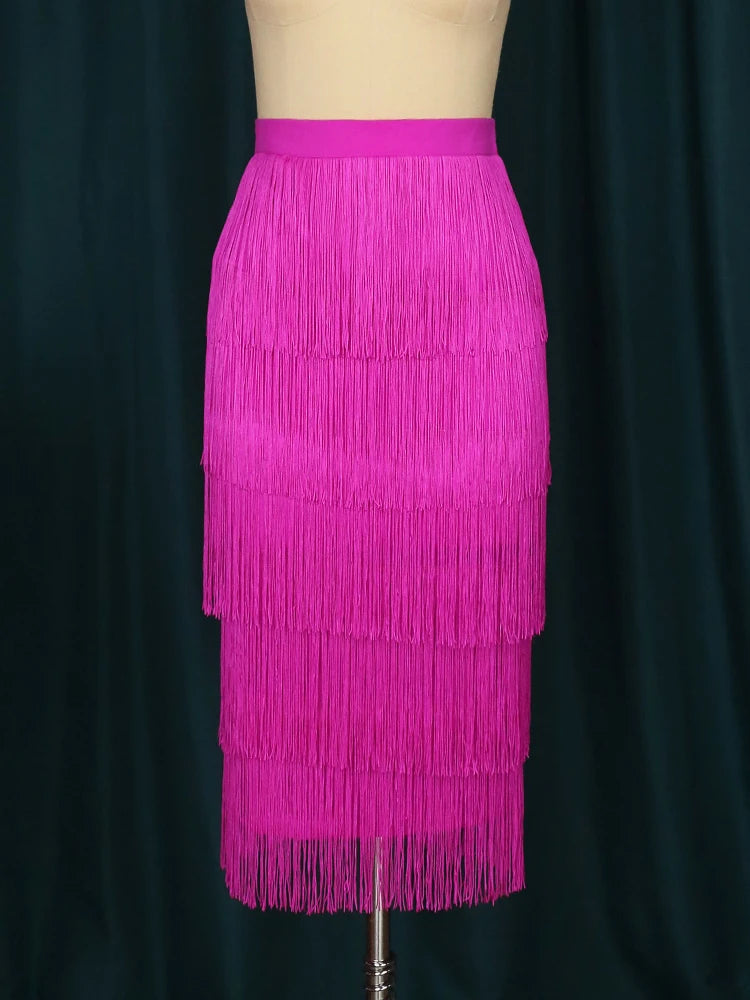 Women's High Waist Fringe Skirt Tiered Drums with Sheath Midi Skirts Tassel Plus Size Elegant Modest Party Rh Dance Wear