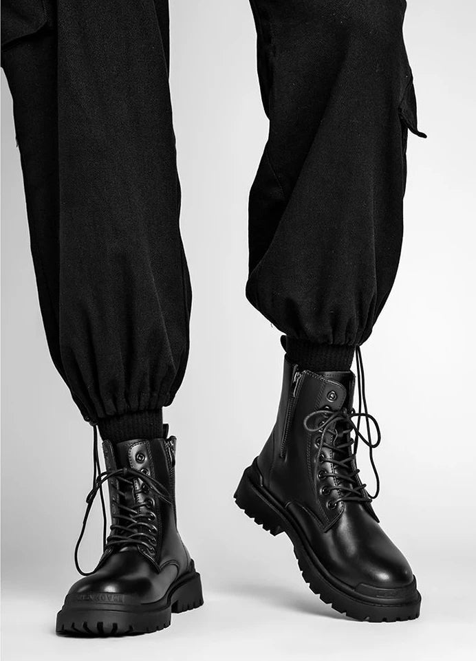 Chaussures à plateforme en cuir PU pour hommes, semelle optique haut de gamme, bottes décontractées noires, chaussures en cuir de vachette, offre rétro, design de lego