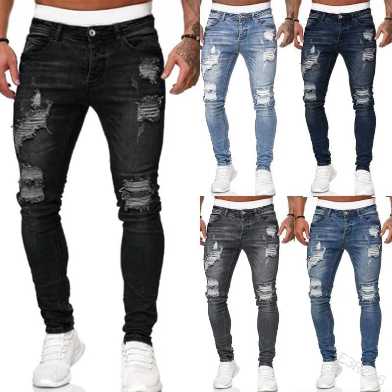 Jean déchiré hommes Stretch maigre gris bleu noir Hip Hop Denim pantalon Streetwear décontracté coupe ajustée jean pour hommes Jogging jean