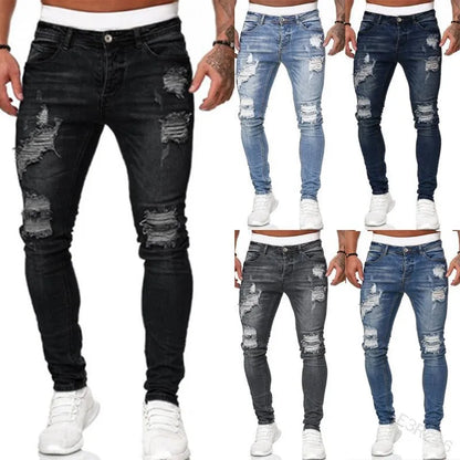 Jean déchiré hommes Stretch maigre gris bleu noir Hip Hop Denim pantalon Streetwear décontracté coupe ajustée jean pour hommes Jogging jean
