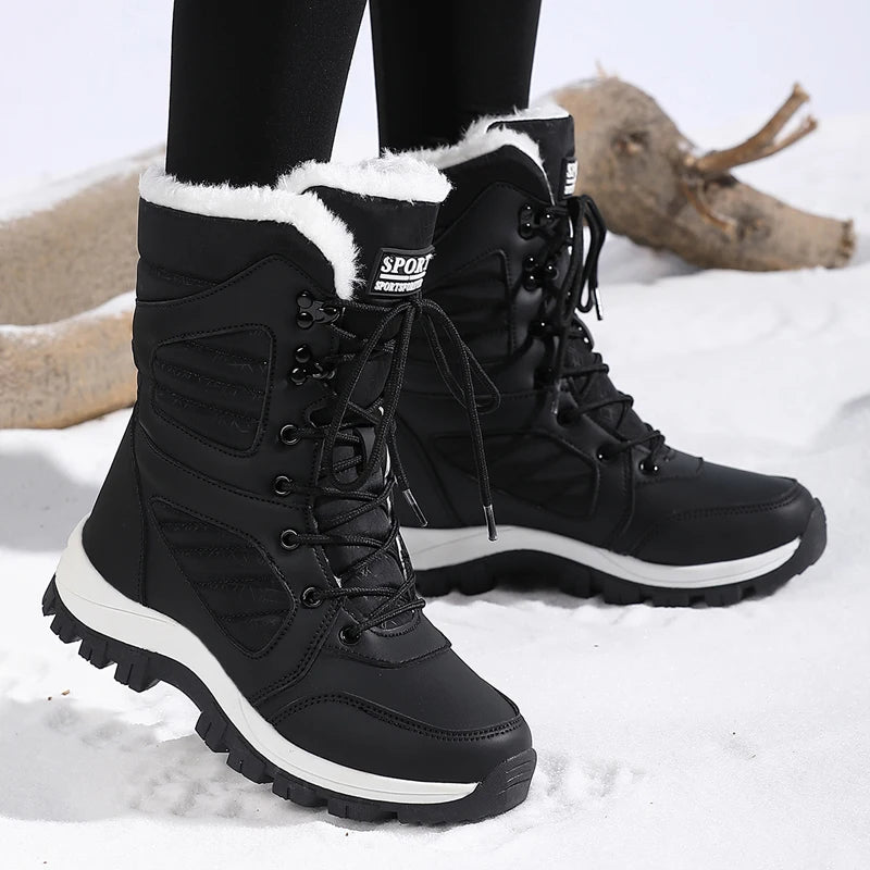 Bottes de neige à la mode pour femmes, design de couleur unie, style bout rond, couche extérieure en fibre ultra-fine, doublure en tissu, semelle en caoutchouc, t