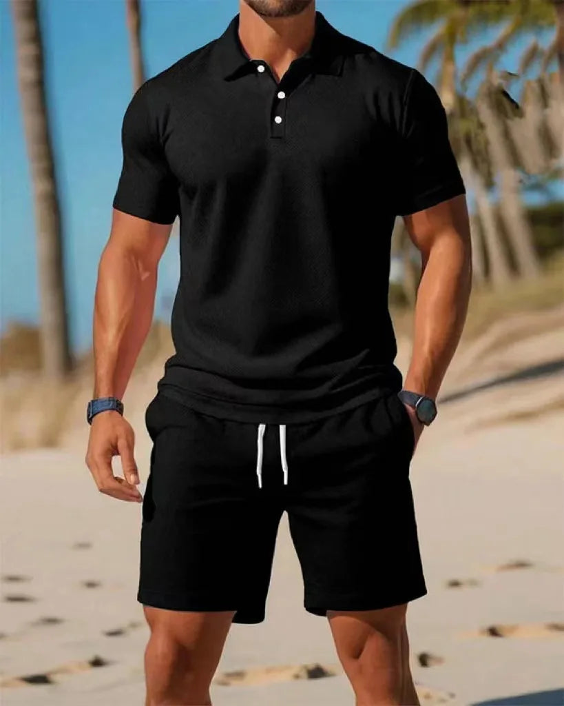 Ensemble chemise et Short à revers en maille pour hommes, décontracté, plage, été, confortable, respirant, ample, couleur unie,
