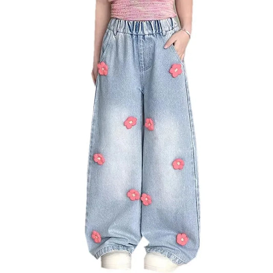 Jean Baggy à Fleurs pour Adolescente, Pantalon en Denim à Jambes Larges, à la Mode, pour Enfant